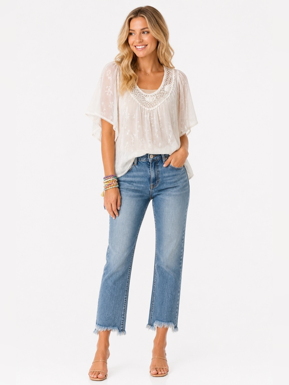 Medium Maurices Sheer embroidered top BOHO white crocheted neck flutter sleeve